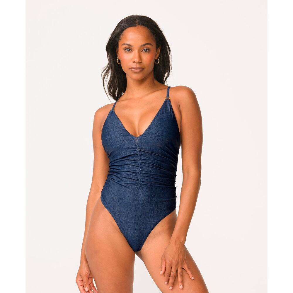 PQ Swimsuit Size L Cosmic Penelope One Piece Blue Shimmer Ruched